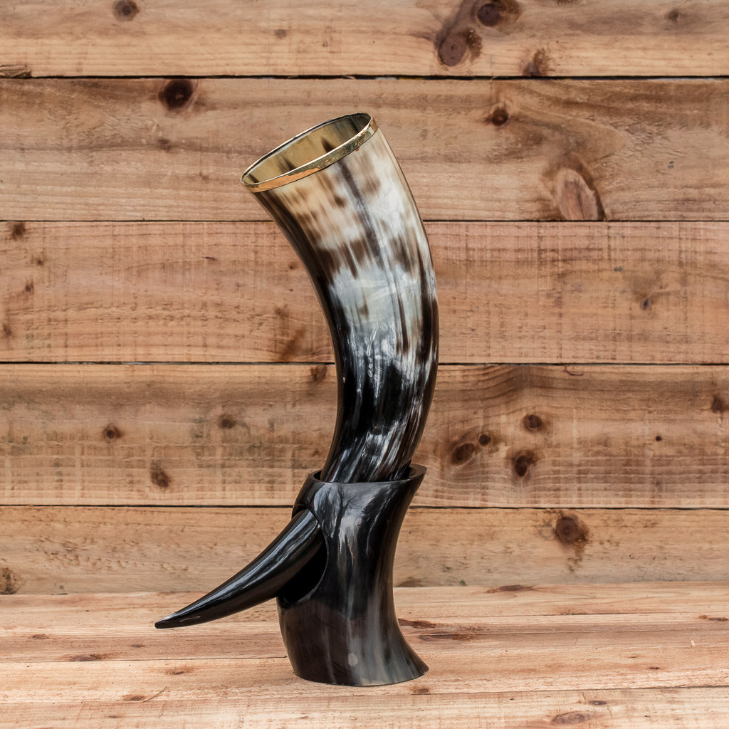 skullvikings viking norse larp larping real drinking horn with brass rim and horn stand