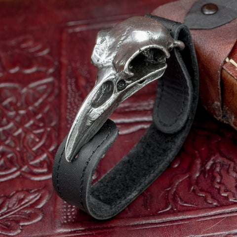 Raven Skull Pewter and Leather bracelet