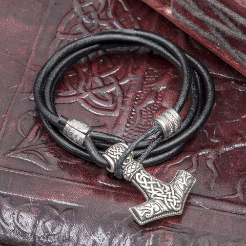 Silver Plated Thor's Hammer (Mjolnir) Leather Hook Bracelet