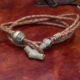 Bronze Thor's Hammer with Vegvisir Leather Hook Bracelet