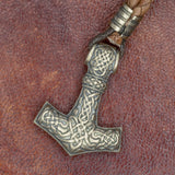 Bronze Thor's Hammer with Vegvisir Leather Hook Bracelet