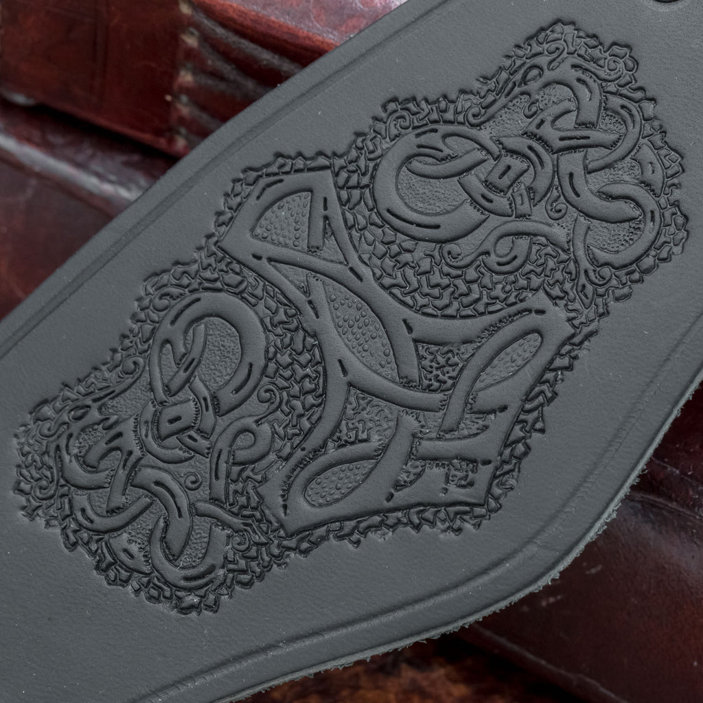 skullvikings viking norse larp larping wide black leather cuff short arm bracer thor's hammer uk