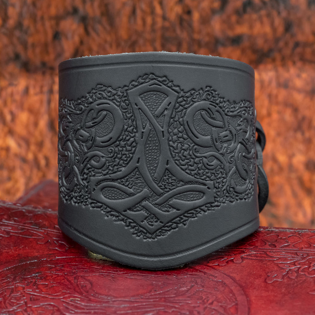 skullvikings viking norse larp larping black wide leather cuff short arm bracer thor's hammer uk