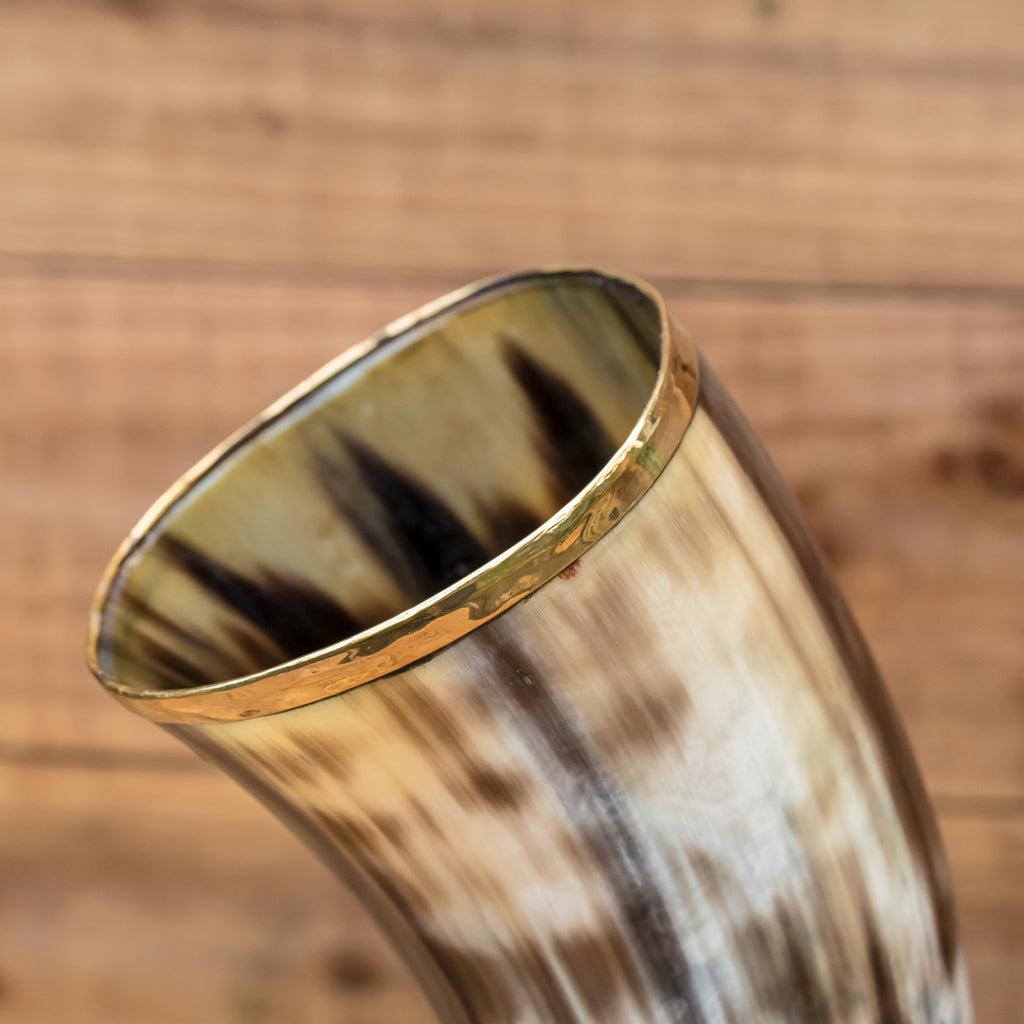 skullvikings viking norse larp larping real drinking horn with brass rim and horn stand