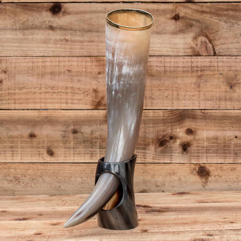 skullvikings viking norse larp larping real drinking horn with brass rim and horn stand
