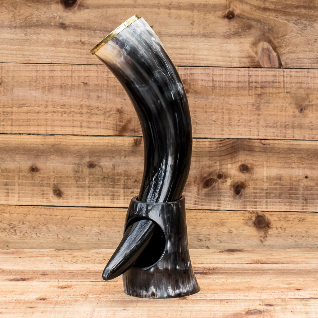 skullvikings viking norse larp larping real drinking horn with brass rim and horn stand