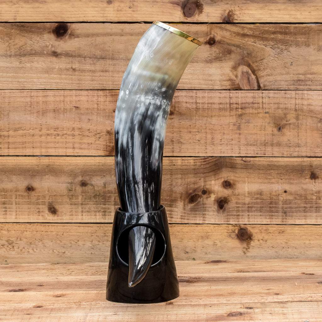 skullvikings viking norse larp larping real drinking horn with brass rim and horn stand