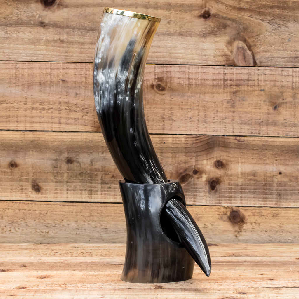 skullvikings viking norse larp larping real drinking horn with brass rim and horn stand
